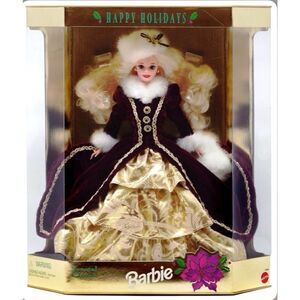 Mattel Happy Holidays Barbie Doll Faux Fur Trim Burgundy & Gold Velvet Dress OS